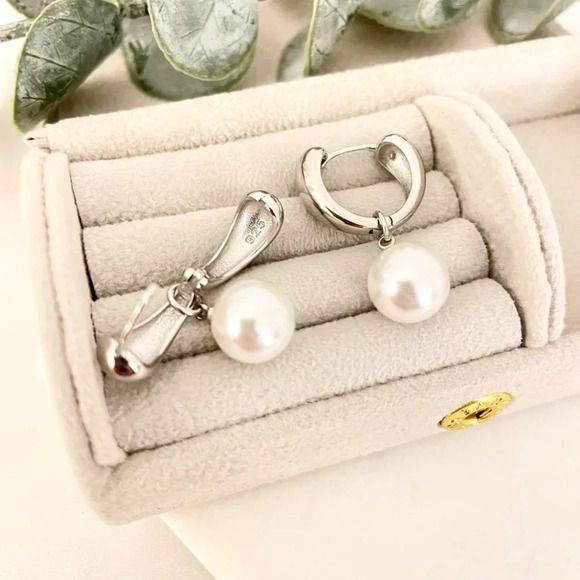 925 Sterling Silver Pearl Hoop Earrings Pearl Dangle Earrings - Picture 2 of 6